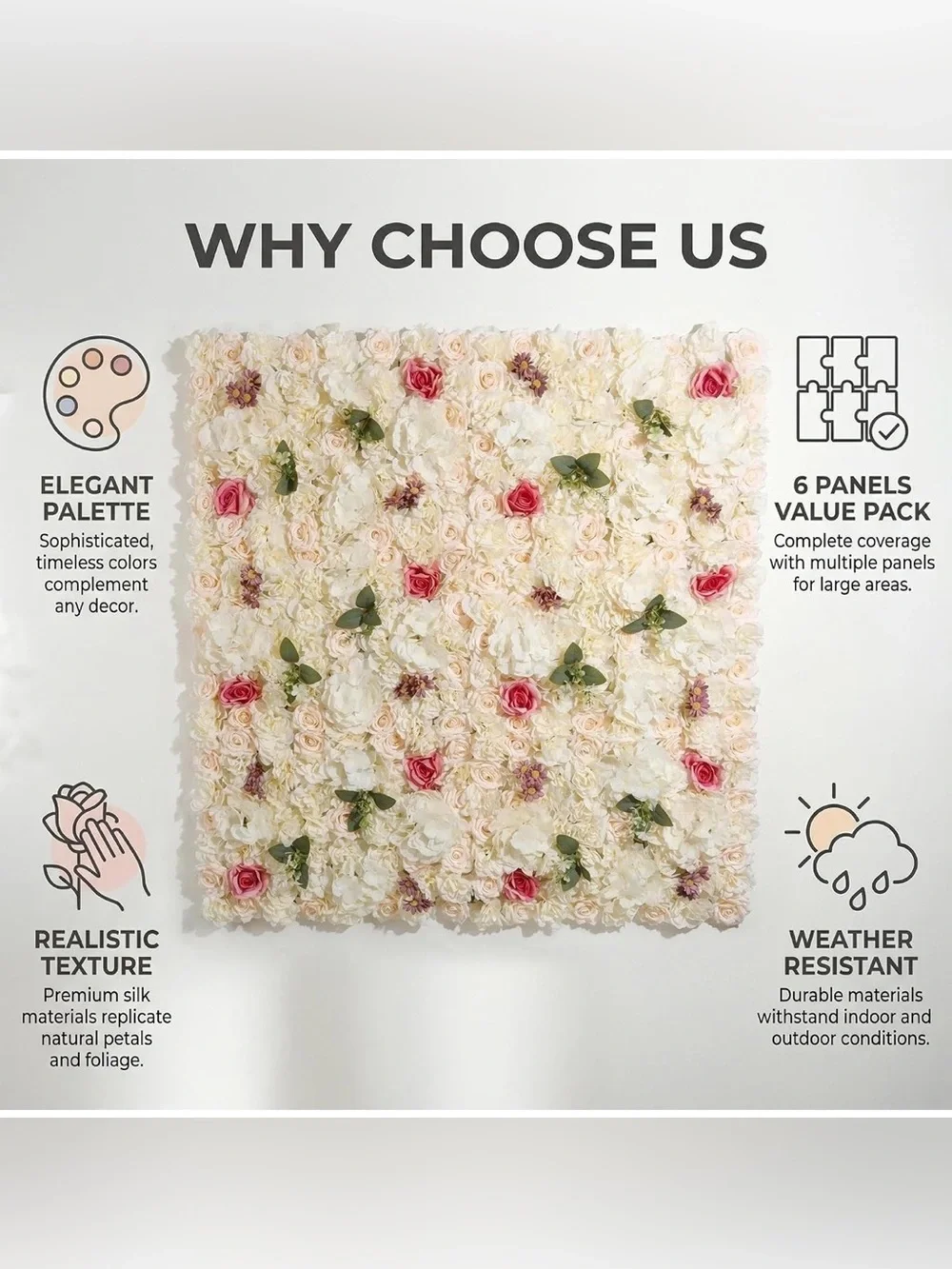 Flower Wall Backdrop 6 Panels 16×24”Champagne Rose 3D design Realistic Look